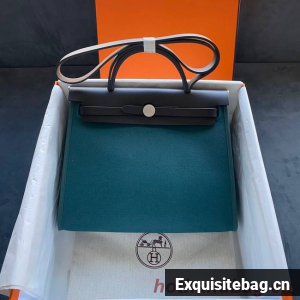 Hermes Herbag 31CM Original Canvas Leather & Calfskin 45987 sky Blue&black