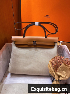 Hermes Herbag 31CM Original Canvas Leather & Calfskin 45988 brown&white
