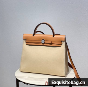 Hermes Herbag 31CM Original Canvas Leather & Calfskin 48887 Offwhite&Camel