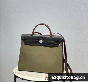 Hermes Herbag 31CM Original Canvas Leather & Calfskin 48887 green&brown