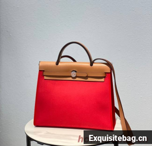 Hermes Herbag 31CM Original Canvas Leather & Calfskin 48887 red&brown