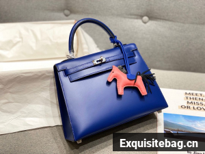 Hermes Kelly 28cm Shoulder Bags Smooth Box Leather KL28 Blue Silver-Tone