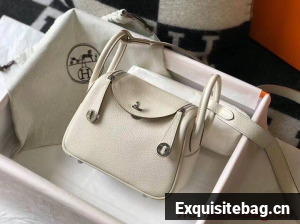 Hermes mini Lindy Original Togo Leather Bag LD19 White&Silver-Tone Metal