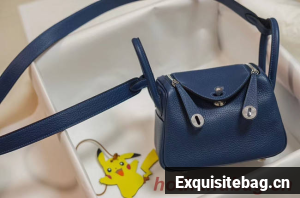 Hermes mini Lindy Togo Leather Bag LD19 blue&Silver-Tone Metal