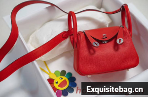 Hermes mini Lindy Togo Leather Bag LD19 red&Silver-Tone Metal