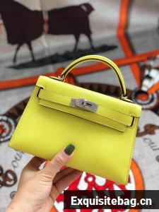 Hermes original mini Kelly chevre mysore K19CM yellow&silver Metal