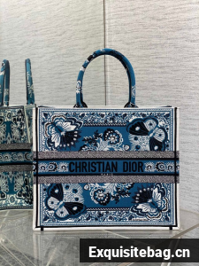 LARGE DIOR BOOK TOTE Denim Blue Multicolor Butterfly Bandana Embroidery M1286ZESE
