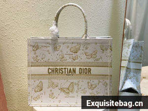 LARGE DIOR BOOK TOTE Gold-Tone and White Butterfly Zodiac Embroidery M1286ZT