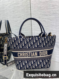 MEDIUM DIOR HAT BASKET BAG Beige and Blue Macrocannage Embroidery M1328C