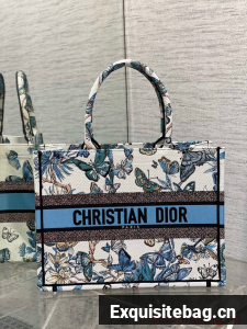 MEDIUM DIOR White and Pastel Midnight Blue Toile de Jouy Mexico Embroidery M1296ZE