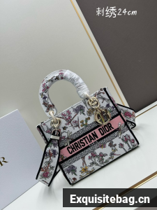 MEDIUM LADY D-LITE BAG White Multicolor Embroidery M0565O