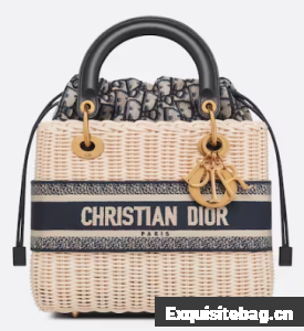MEDIUM LADY DIOR BAG Natural Wicker and Blue Dior Oblique Jacquard M0565C