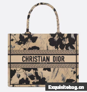 Medium Dior Book Tote Beige and Black Fleurs Mystiques Embroidery M1296ZE