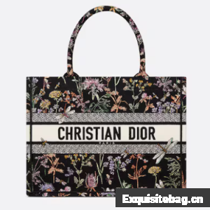 Medium Dior Book Tote Black Multicolor Dior Herbarium Embroidery M1296ZEG