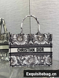 Medium Dior Book Tote White and Black Toile de Jouy Soleil Embroidery M1296ZECQ