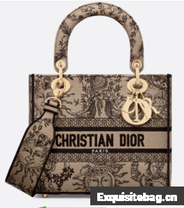 Medium Lady D-Lite Bag Beige and Black Toile de Jouy Soleil Embroidery M0565O