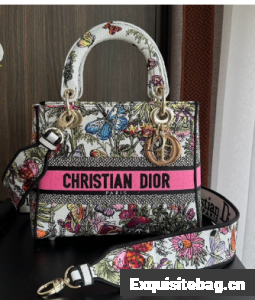 Medium Lady D-Lite Bag Multicolor Dior 4 Saisons Ete Embroidery M0565O pink