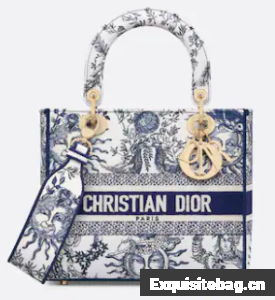 Medium Lady D-Lite Bag White and Navy Blue Toile de Jouy Soleil Embroidery M0565O