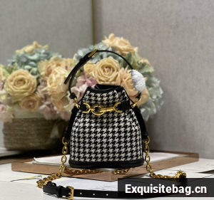 SMALL CEST DIOR BAG Black and White Houndstooth Embroidery Natural Cannage M2272U