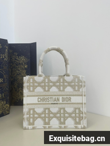 SMALL DIOR BOOK TOTE White and Gold-Tone Macrocannage Embroidery M1296ZRf
