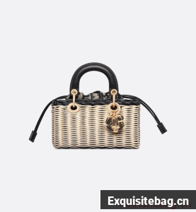SMALL LADY D-JOY BAG Natural Wicker and Blue Dior Oblique Jacquard M0613O