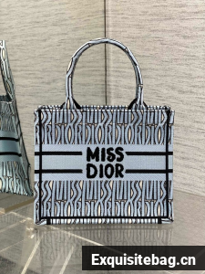 Small Dior Book Tote Pale Blue and Black Miss Dior Allover Embroidery M1265Z