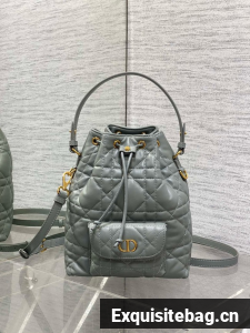 Small Dior Caro Bucket Bag Macrocannage Lambskin M3372 gray