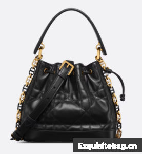 Small Dior Jolie Bucket Bag Black Calfskin and Macrocannage Lambskin M2780UN