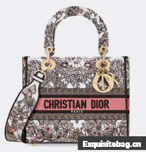 MEDIUM LADY D-LITE BAG White and Pastel Pink Butterfly Around The World Embroidery M0565O MEDIUM LADY D-LITE BAG White and Pastel Pink Butterfly Around The World Embroidery M0565O