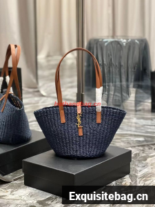 SAINT LAUREN PANIER SMALL BAG IN CROCHET RAFFIA AND SMOOTH LEATHER 685618 dark blue
