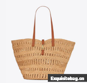 SAINT LAURENT PANIER MEDIUM BAG IN CROCHET RAFFIA AND SMOOTH LEATHER 688221 NATUREL