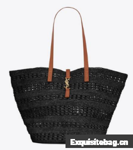 SAINT LAURENT PANIER MEDIUM BAG IN CROCHET RAFFIA AND SMOOTH LEATHER 688221 NOIR