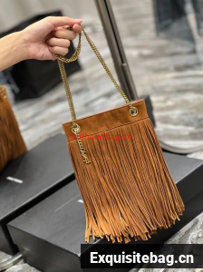 SAINT LAURENT SMALL CHAIN BAG IN LIGHT SUEDE WITH FRINGES 683378 brown