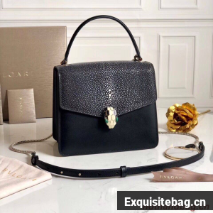 BVLGARI Serpenti Forever Devil Pearl Fish Skin Leather Shoulder Bag 058962 Black