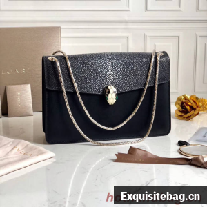 BVLGARI Serpenti Forever Shoulder Bag Pearl fish skin&Calfskin Leather 289013 black