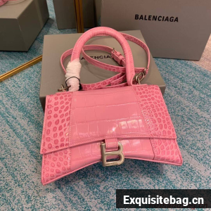 Balenciaga HOURGLASS SMALL TOP HANDLE BAG crocodile embossed calfskin B108895E pink