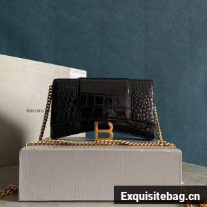 Balenciaga HOURGLASS Wallet With Chain Crocodile Embossed 656050 Black