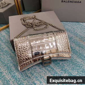 Balenciaga HOURGLASS Wallet With Chain Crocodile Embossed 656050 Silver