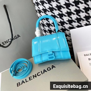 Balenciaga WOMENS HOURGLASS MINI TOP HANDLE BAG shiny box calfskin M8000 blue