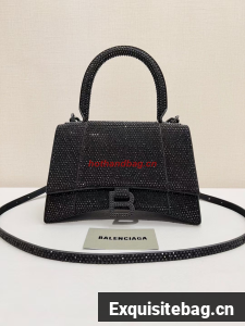 Balenciaga WOMENS HOURGLASS SMALL HANDBAG WITH RHINESTONES 592834 black