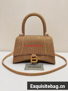 Balenciaga WOMENS HOURGLASS SMALL HANDBAG WITH RHINESTONES 592834 gold