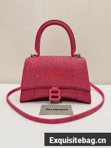 Balenciaga WOMENS HOURGLASS SMALL HANDBAG WITH RHINESTONES 592834 pink