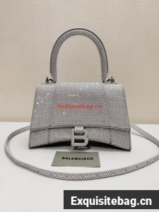 Balenciaga WOMENS HOURGLASS SMALL HANDBAG WITH RHINESTONES 592834 silver