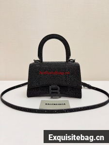 Balenciaga WOMENS HOURGLASS XS HANDBAG WITH RHINESTONES 283328 IN black