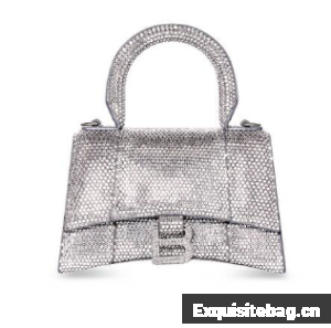 Balenciaga WOMENS HOURGLASS XS HANDBAG WITH RHINESTONES 283328 IN silver
