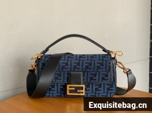 Fendi Baguette Chain Midi dove gray tapestry fabric bag with FF motif 8BR793 blue