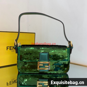 Fendi FF Baguette Gold Metal Sequin Embroidery Bag 2017 Green