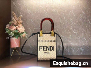FENDI MINI SUNSHINE SHOPPER Braided straw mini-bag 8BS051 apricot