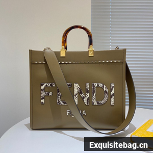 FENDI SUNSHINE Medium Snakeskin Logo Flannel Togo shopper Bag 36553B Gray