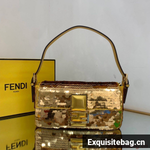 Fendi FF Baguette Gold Metal Sequin Embroidery Bag 2017 Gold